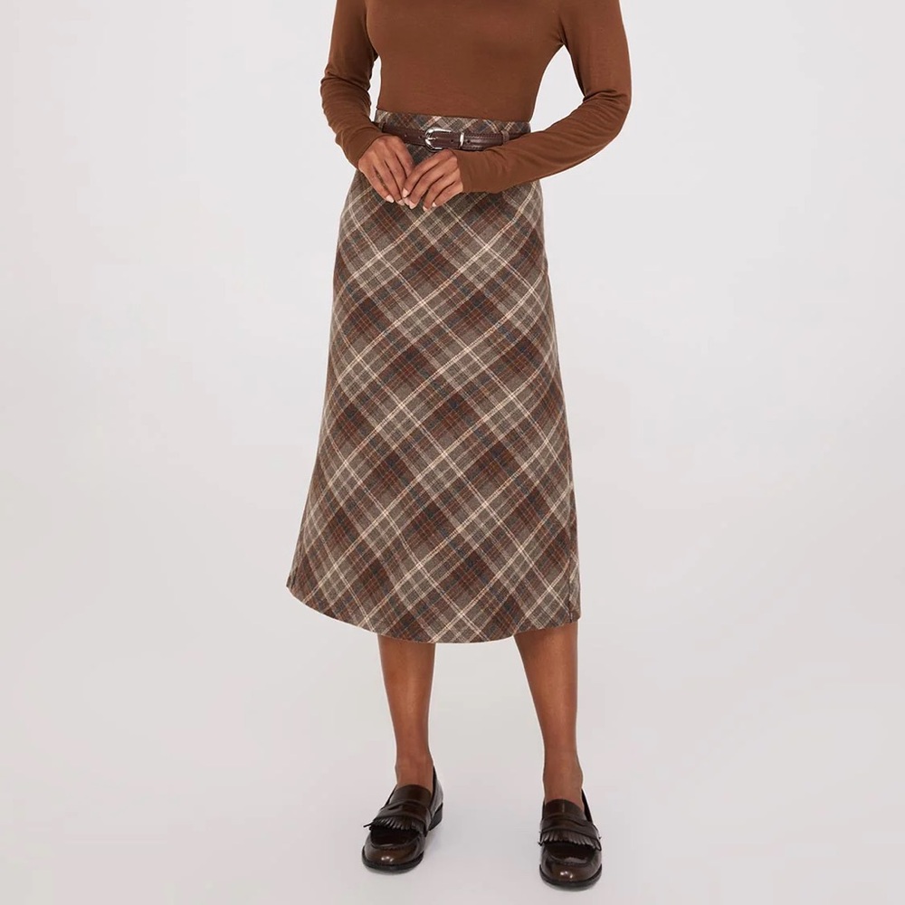 Brown Plaid Midi Skirt